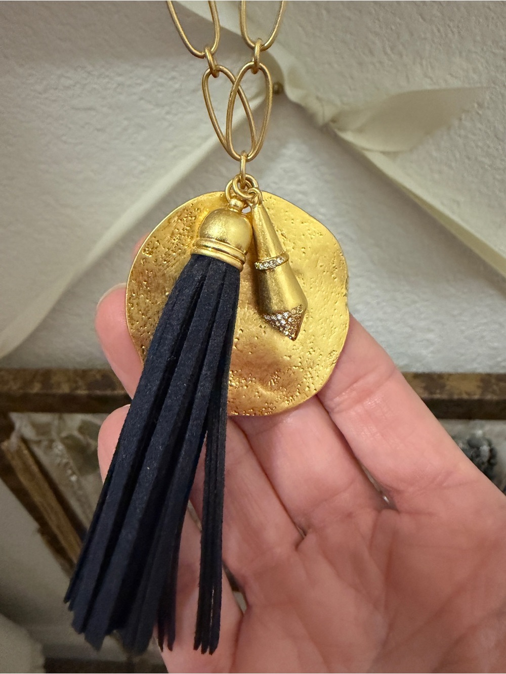 Gold Disc Necklace with Navy Tassel Pendant